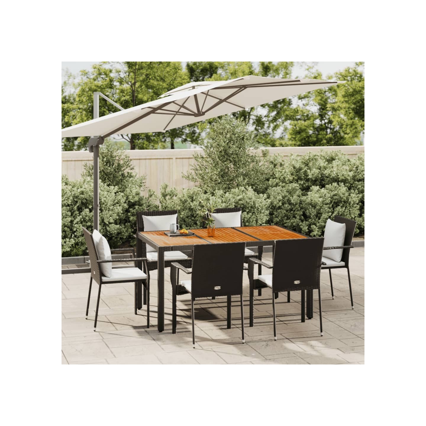 Ensemble à manger de jardin coussins 7pcs Noir Résine tressée