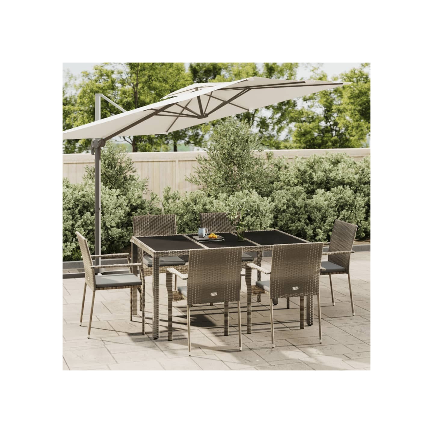 Ensemble à manger jardin et coussins 7 pcs gris rotin