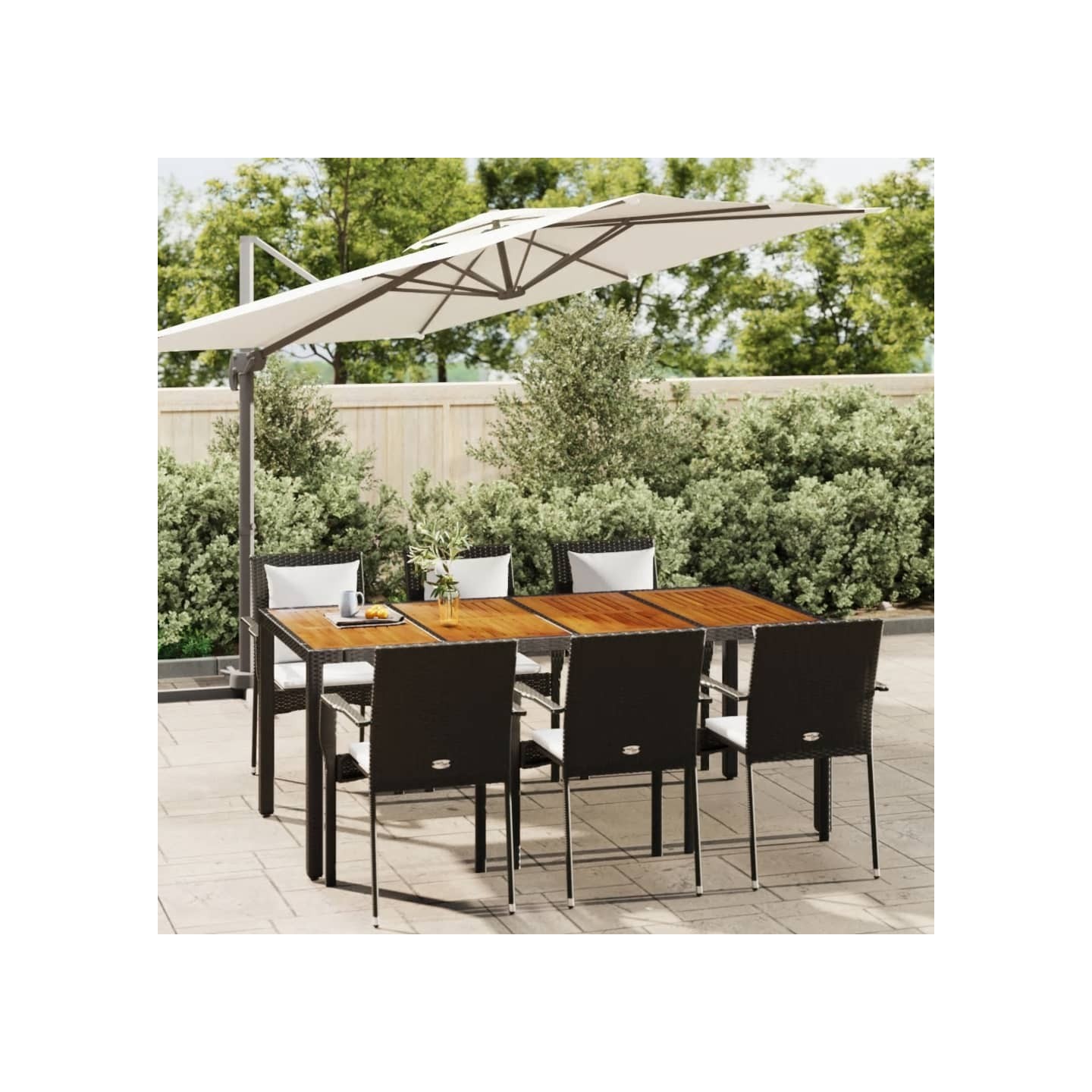 Ensemble à manger de jardin coussins 7pcs Noir Résine tressée