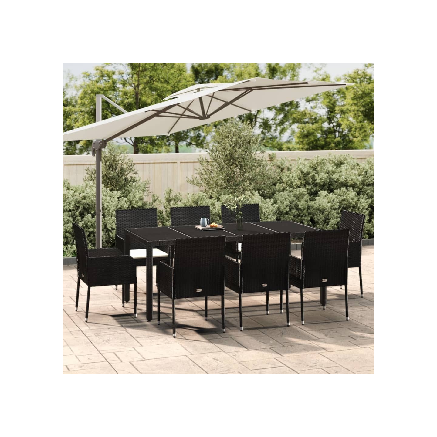Ensemble à manger jardin 9pcs et coussins noir résine tressée