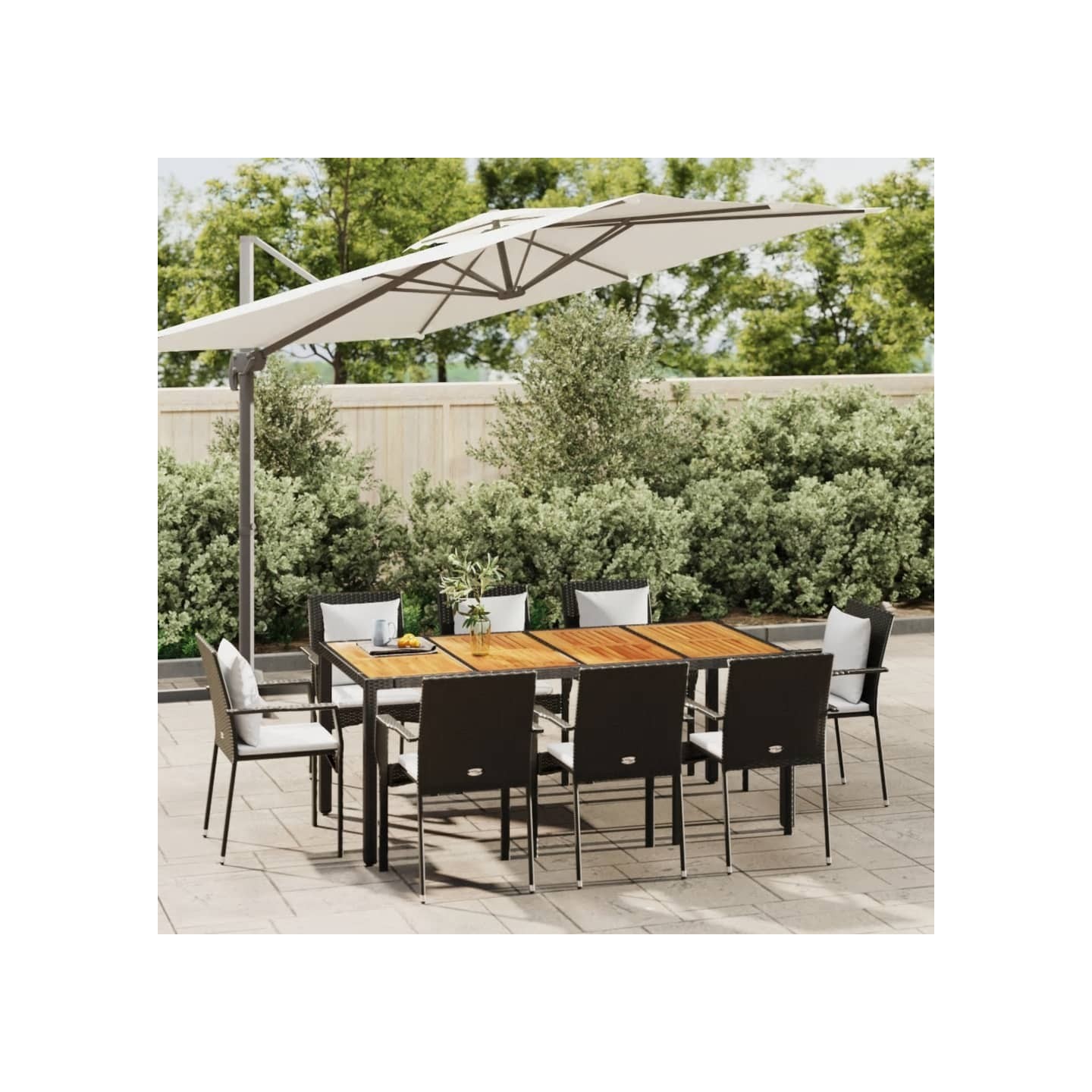 Ensemble à manger jardin 9pcs et coussins noir résine tressée