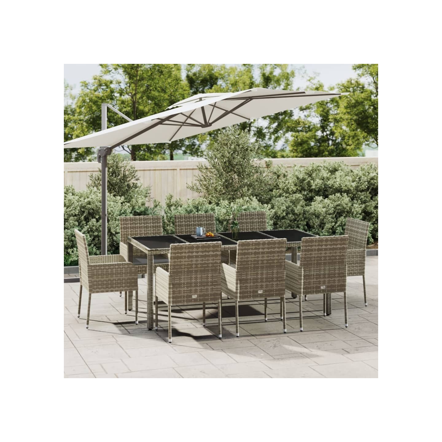Ensemble à manger de jardin 9 pcs coussins gris résine tressée