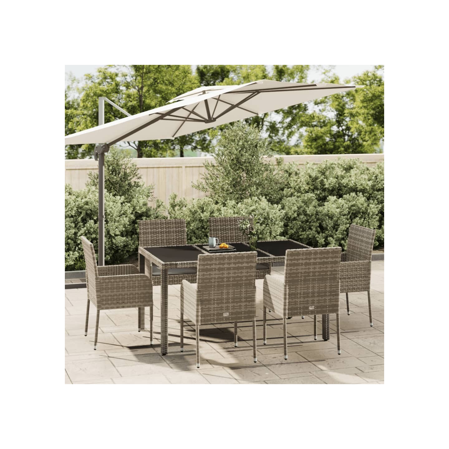 Ensemble à manger jardin et coussins 7 pcs gris rotin