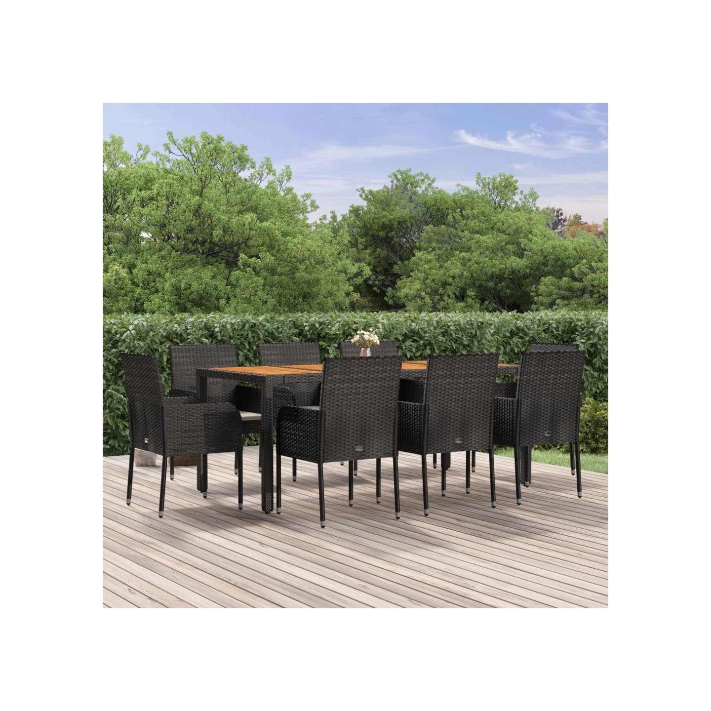 Ensemble à manger jardin 9pcs et coussins noir résine tressée