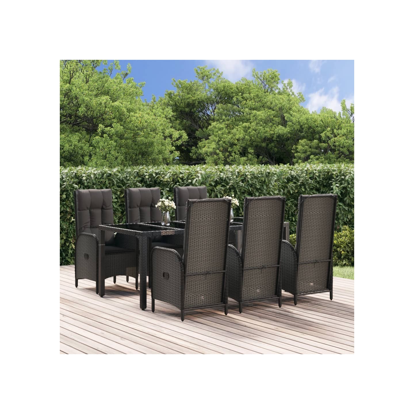 Ensemble à manger jardin et coussins 7 pcs Noir et gris Rotin
