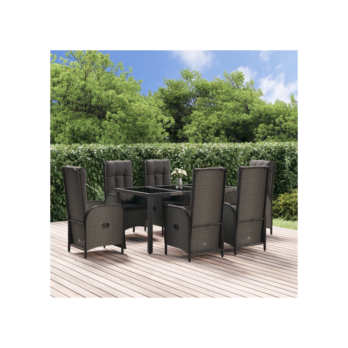 Ensemble à manger de jardin coussins 7pcs Noir Résine tressée