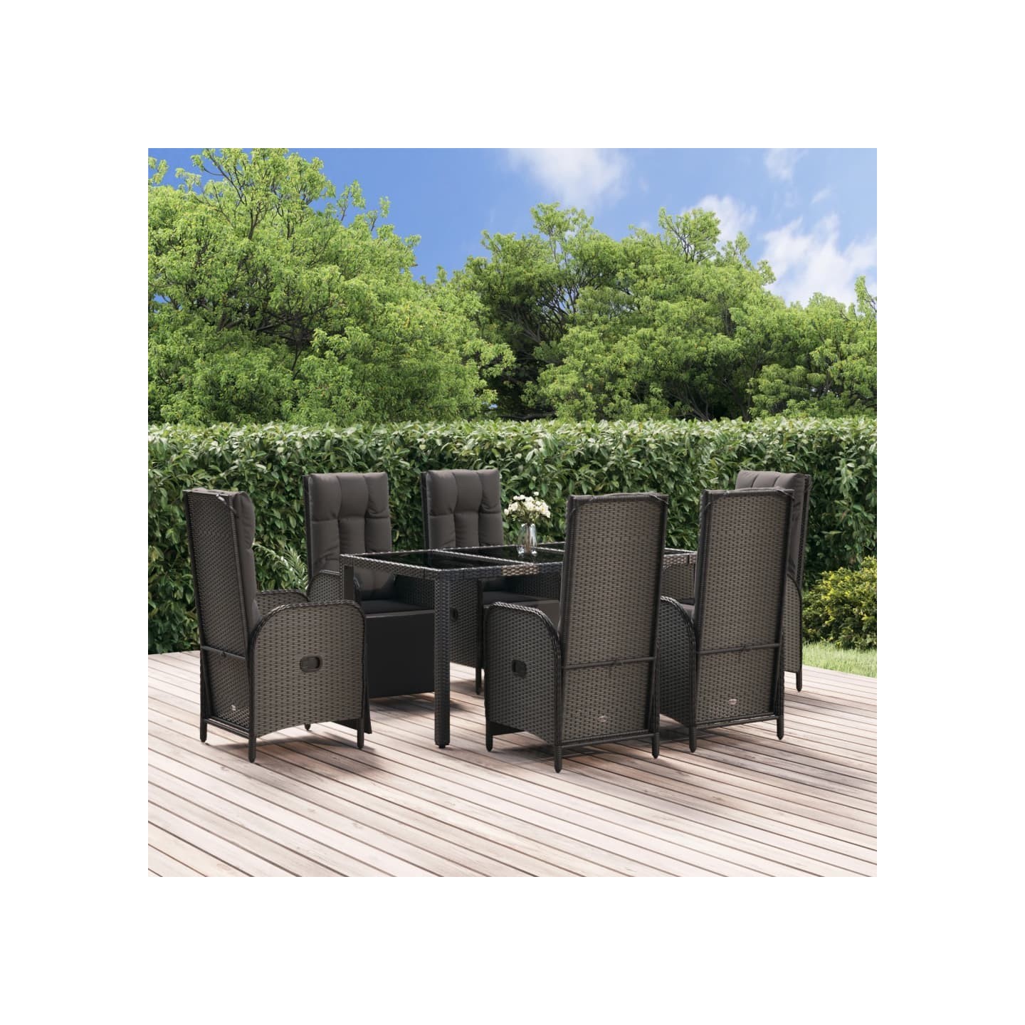 Ensemble à manger jardin et coussins 7 pcs Noir et gris Rotin