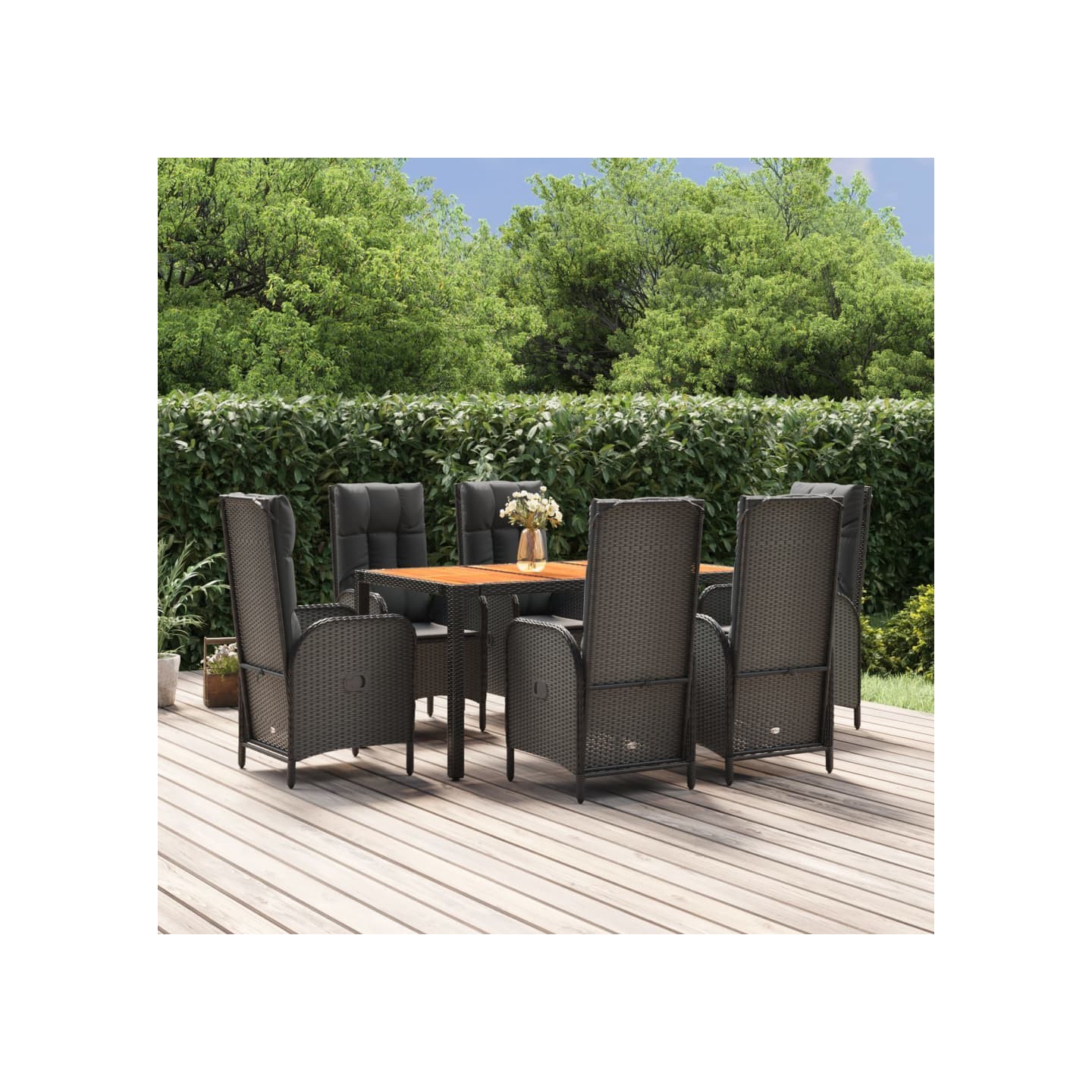 Ensemble à manger de jardin coussins 7pcs Noir Résine tressée
