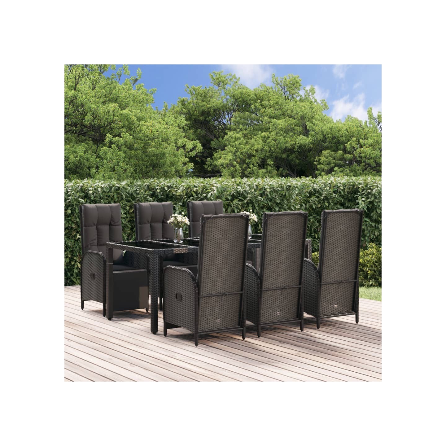 Ensemble à manger de jardin coussins 7pcs Noir Résine tressée