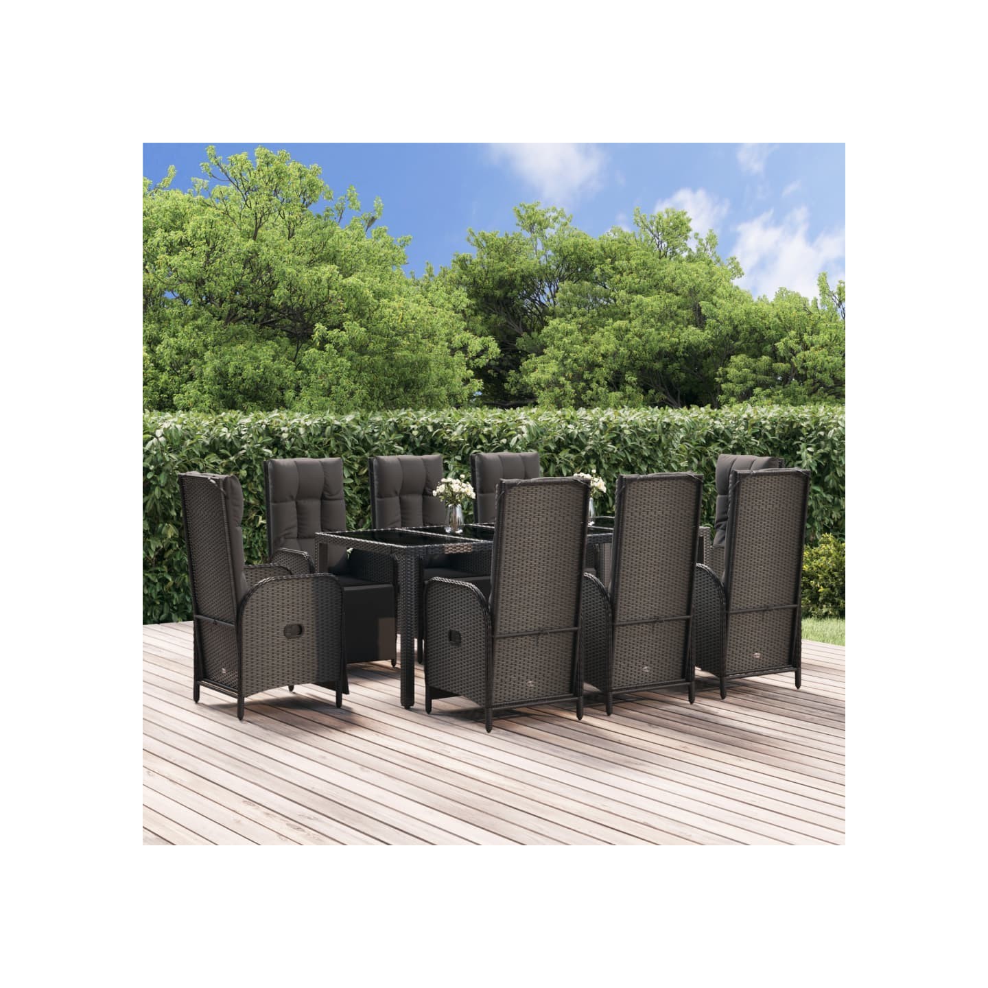 Ensemble à manger jardin 9pcs et coussins noir résine tressée