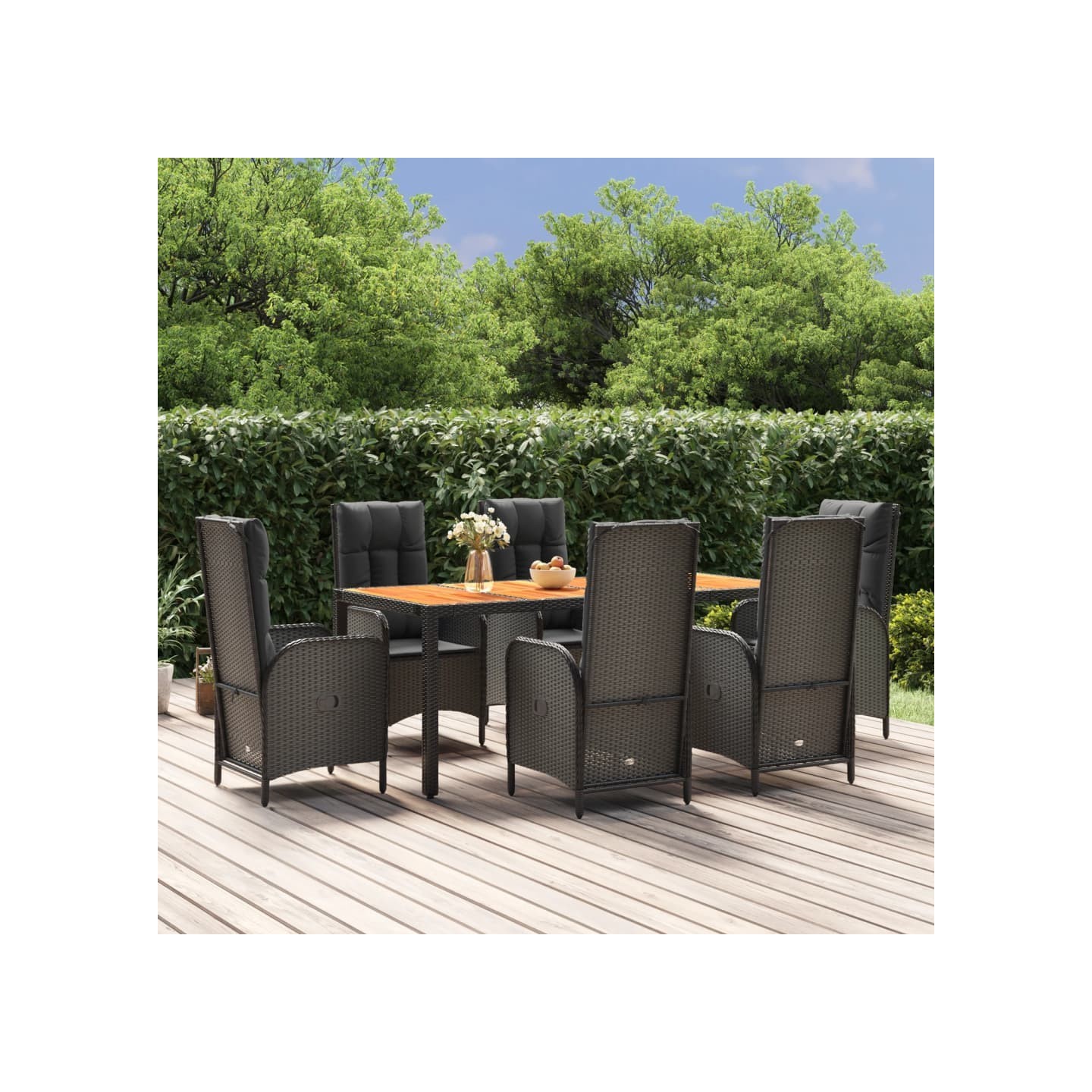 Ensemble à manger de jardin coussins 7pcs Noir Résine tressée