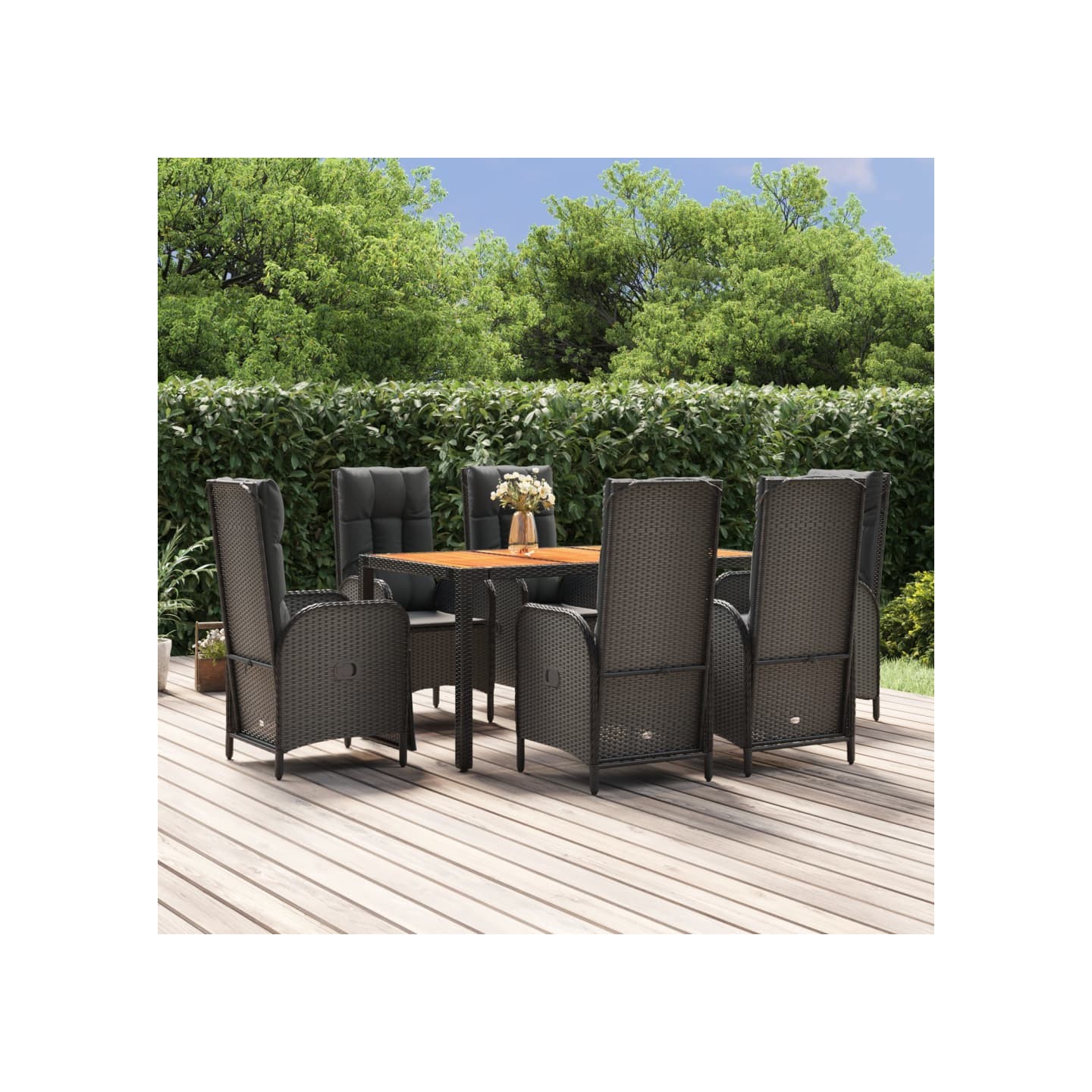 Ensemble à manger de jardin coussins 7pcs Noir Résine tressée