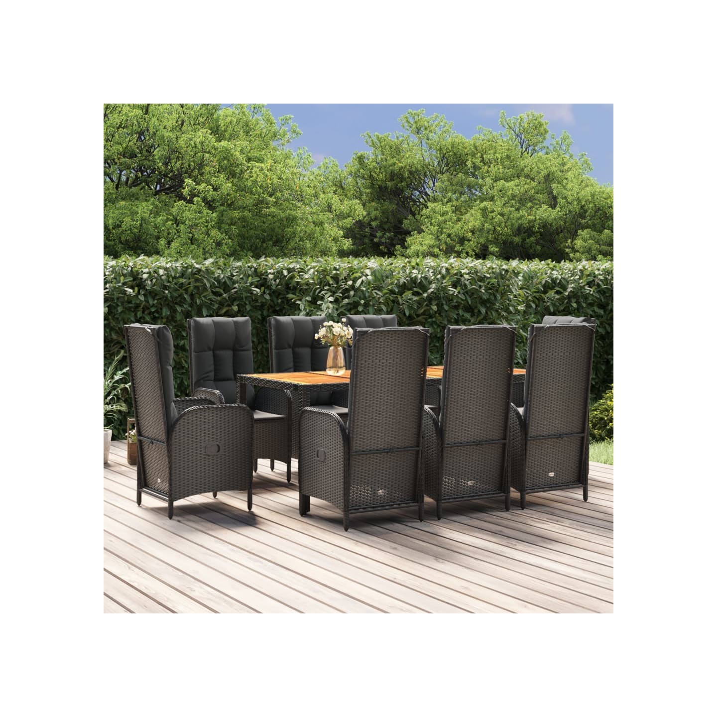 Ensemble à manger jardin 9pcs et coussins noir résine tressée