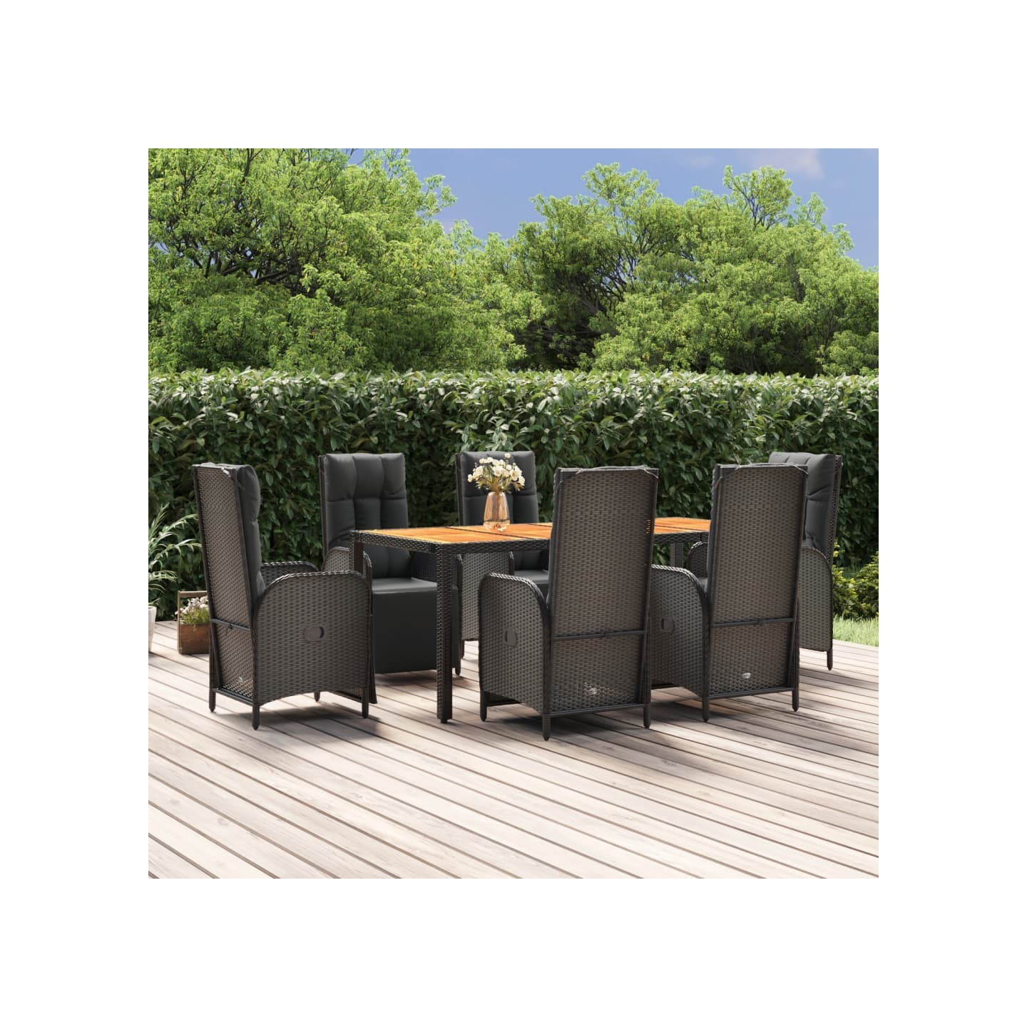 Ensemble à manger de jardin coussins 7pcs Noir Résine tressée