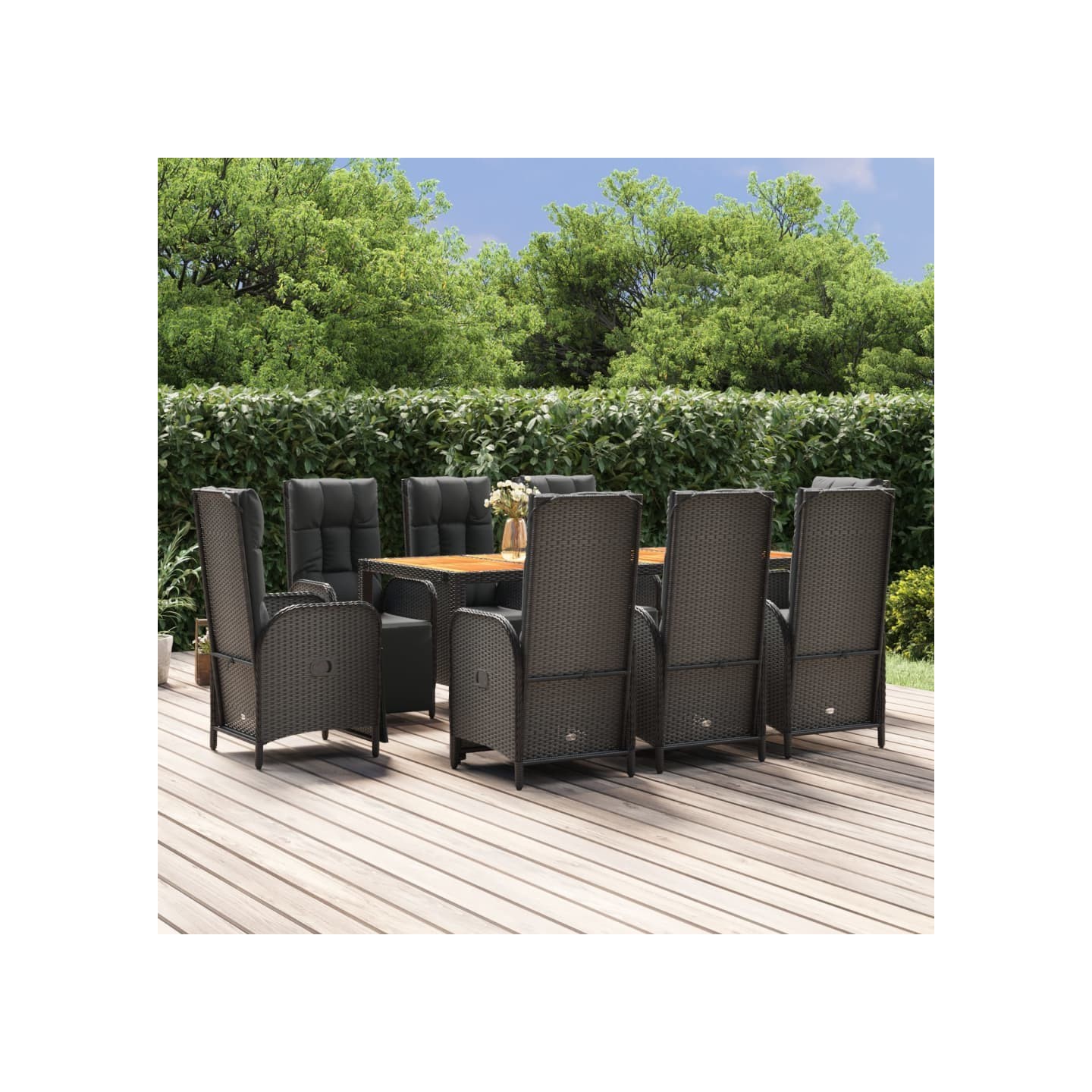 Ensemble à manger jardin 9pcs et coussins noir résine tressée