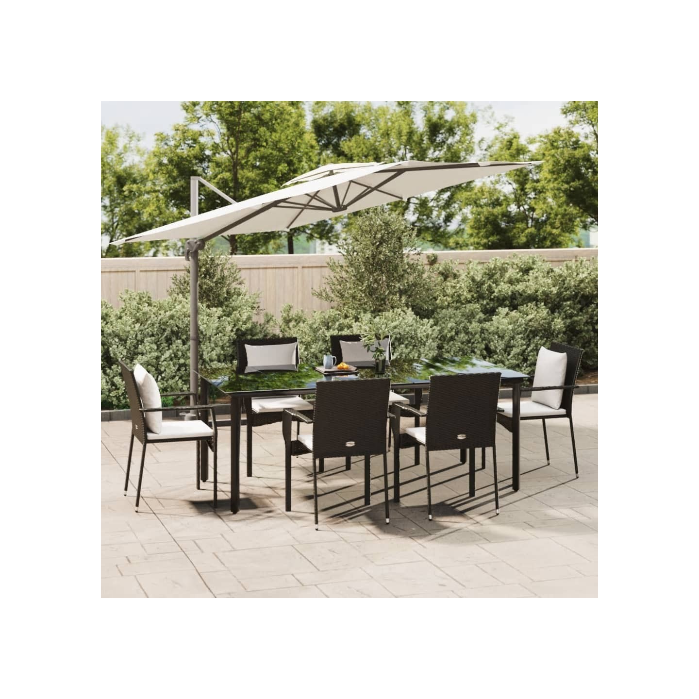 Ensemble à manger de jardin coussins 7pcs Noir Résine tressée