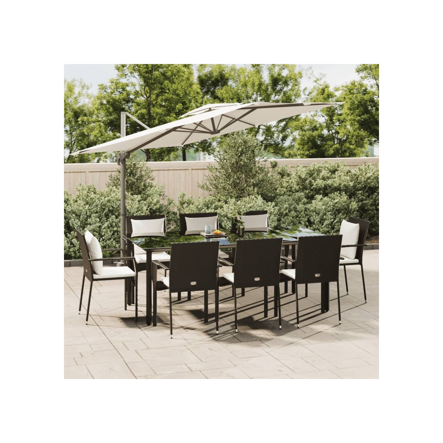 Ensemble à manger jardin 9pcs et coussins noir résine tressée