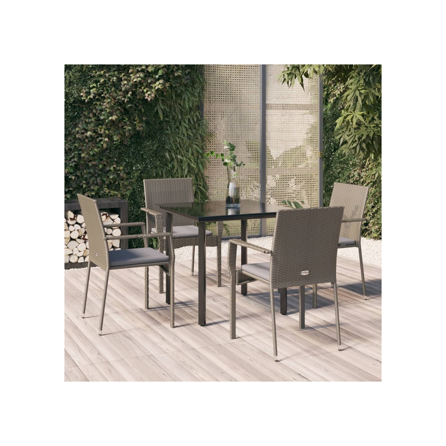 Ensemble à manger de jardin coussins 5 pcs noir et gris