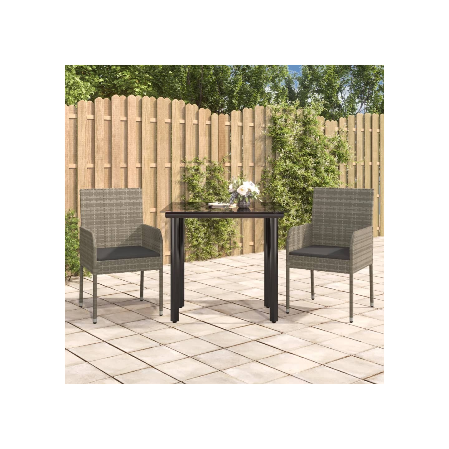 Ensemble à manger jardin 3pcs avec coussins noir et gris