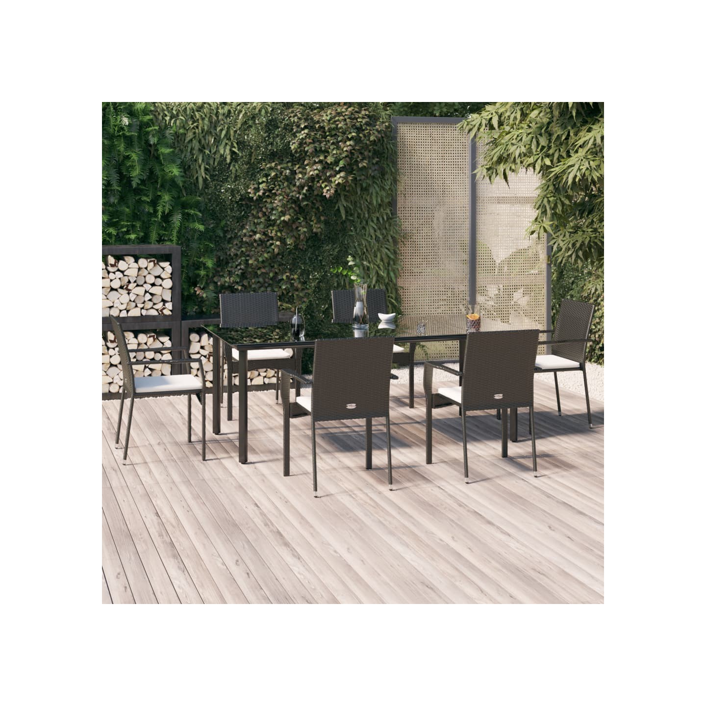 Ensemble à manger de jardin coussins 7pcs Noir Résine tressée