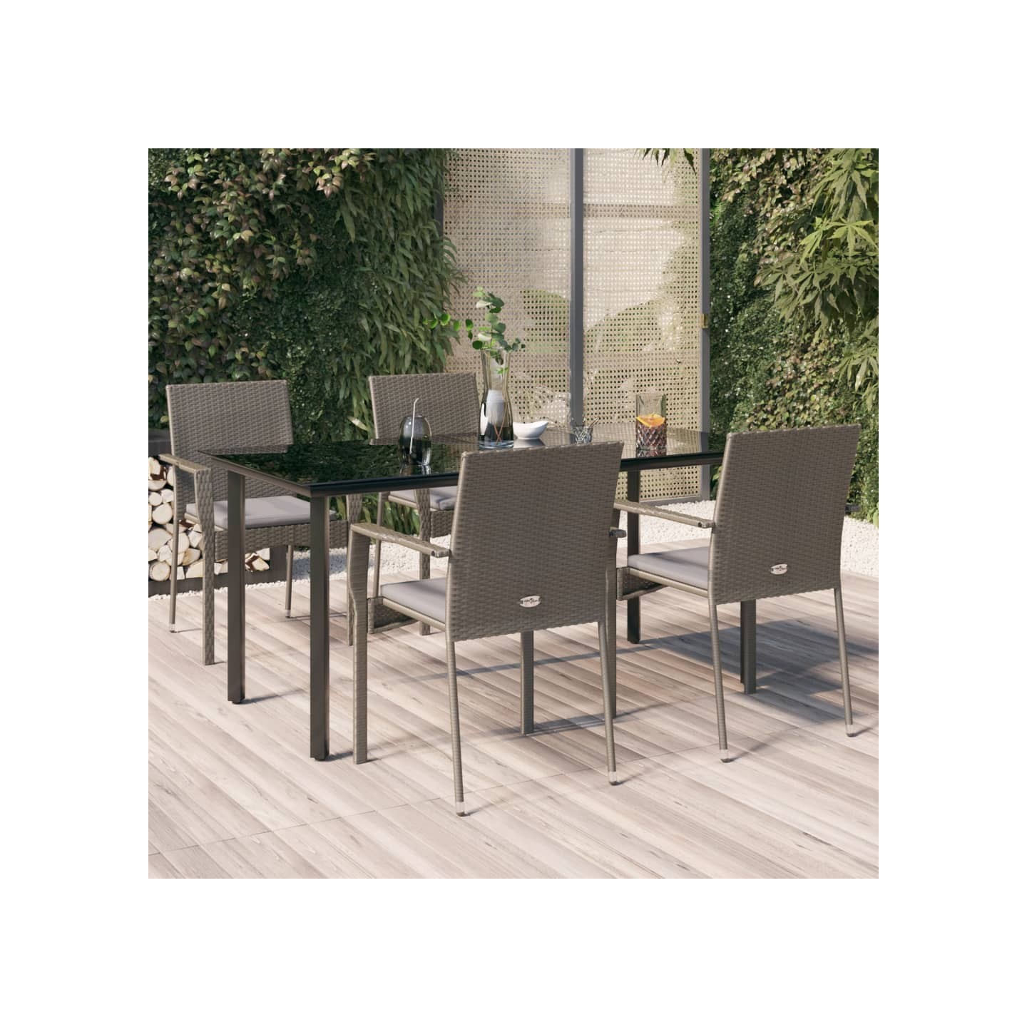 Ensemble à manger de jardin coussins 5 pcs noir et gris