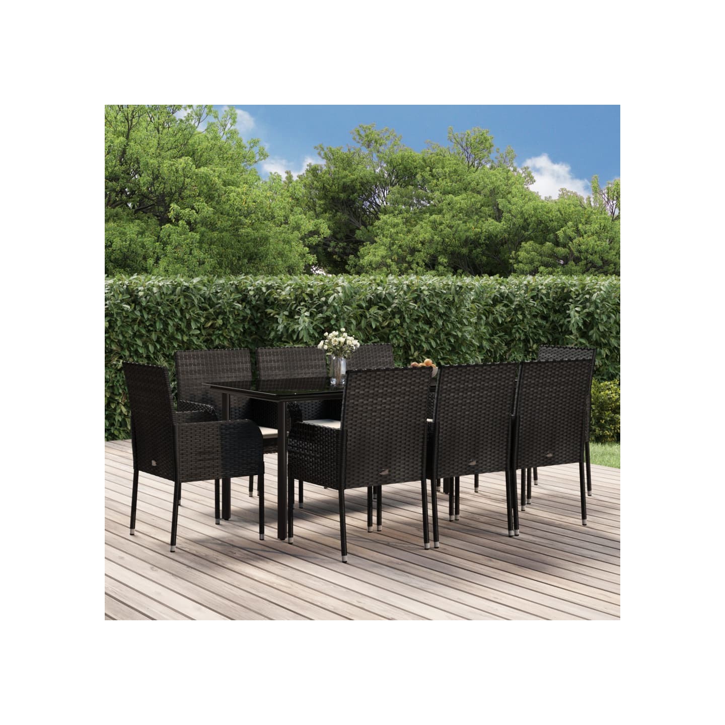 Ensemble à manger jardin 9pcs et coussins noir résine tressée