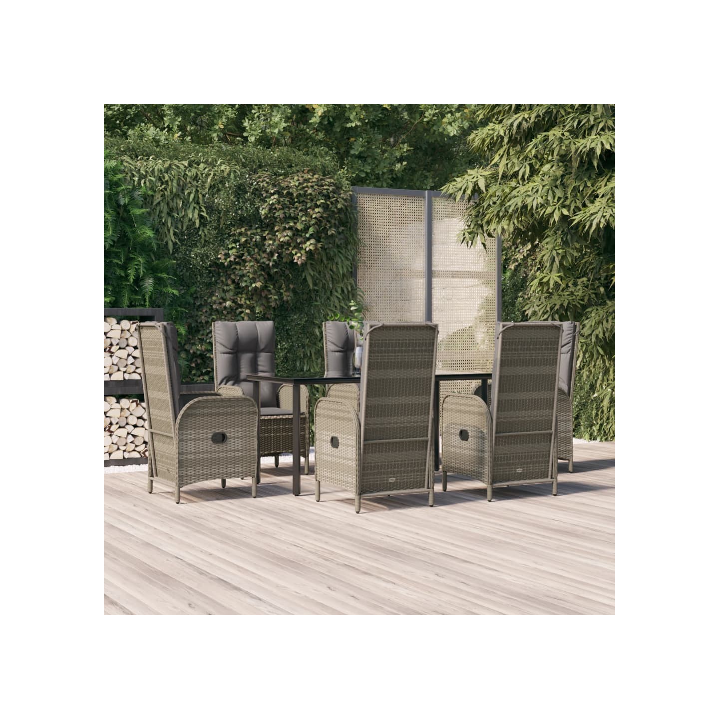 Ensemble à manger jardin et coussins 7 pcs Noir et gris Rotin