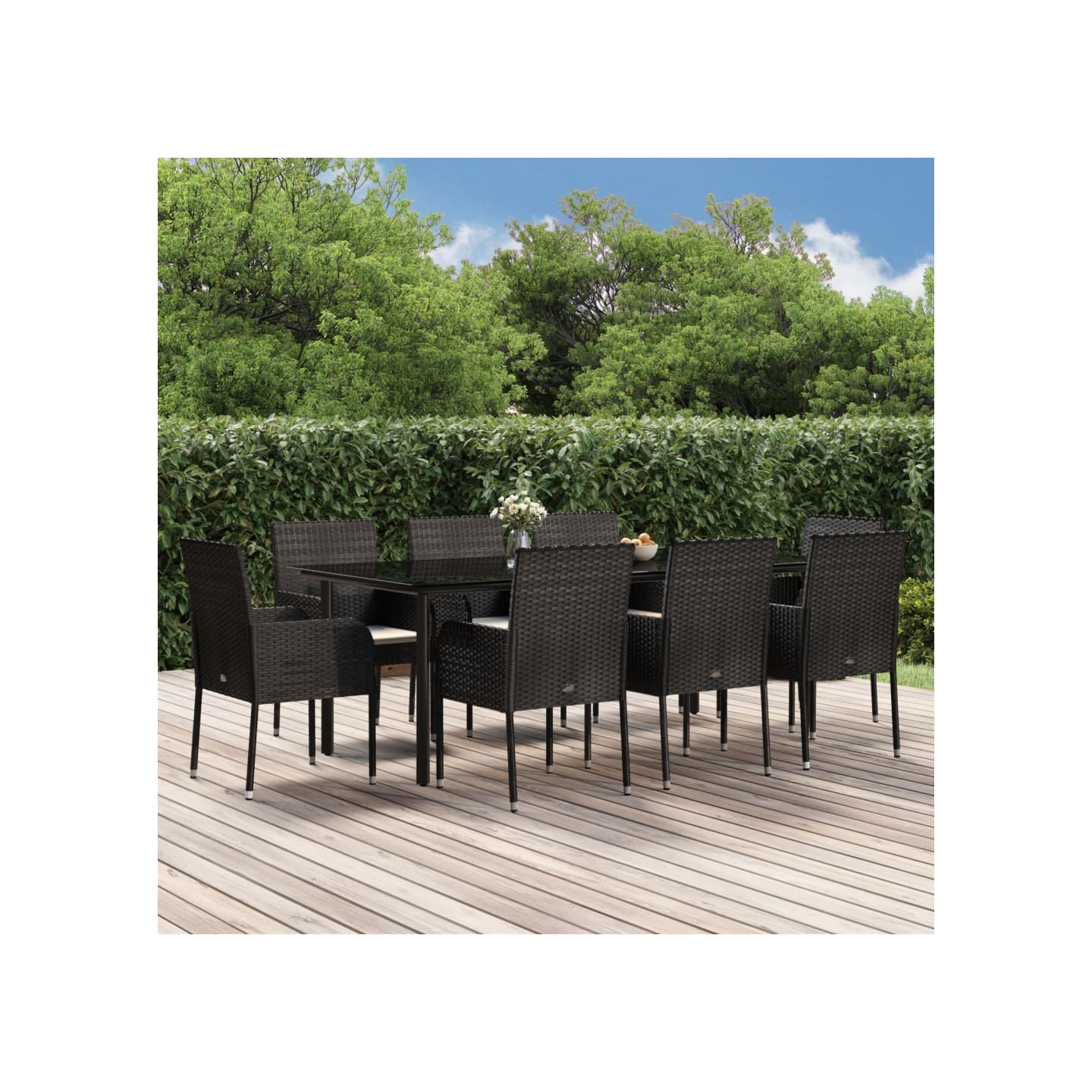 Ensemble à manger jardin 9pcs et coussins noir résine tressée