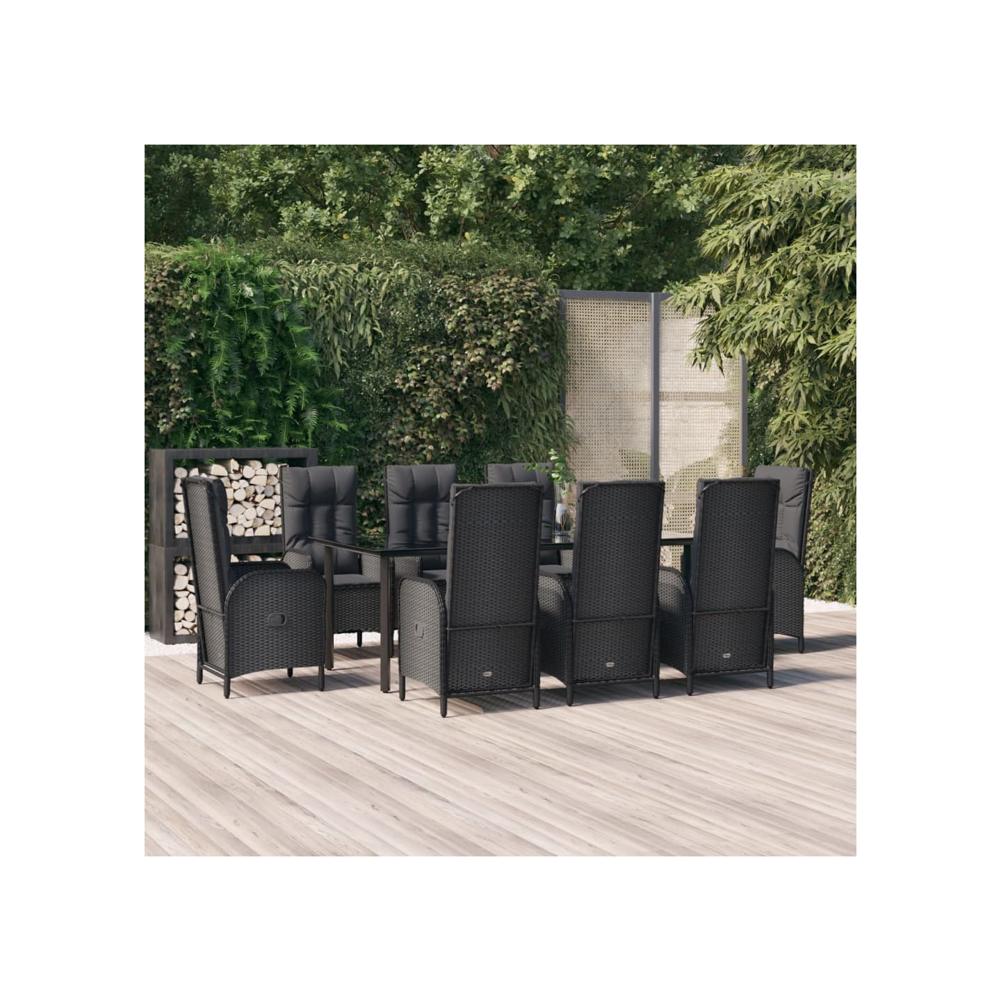 Ensemble à manger jardin 9pcs et coussins noir résine tressée