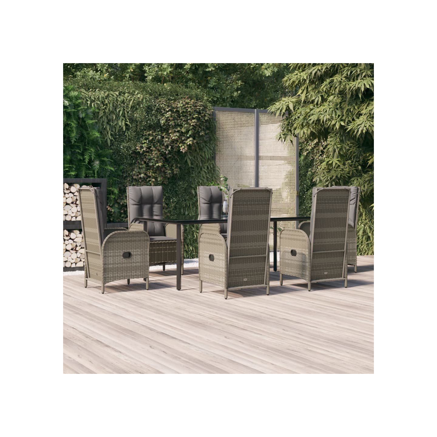 Ensemble à manger jardin et coussins 7 pcs Noir et gris Rotin
