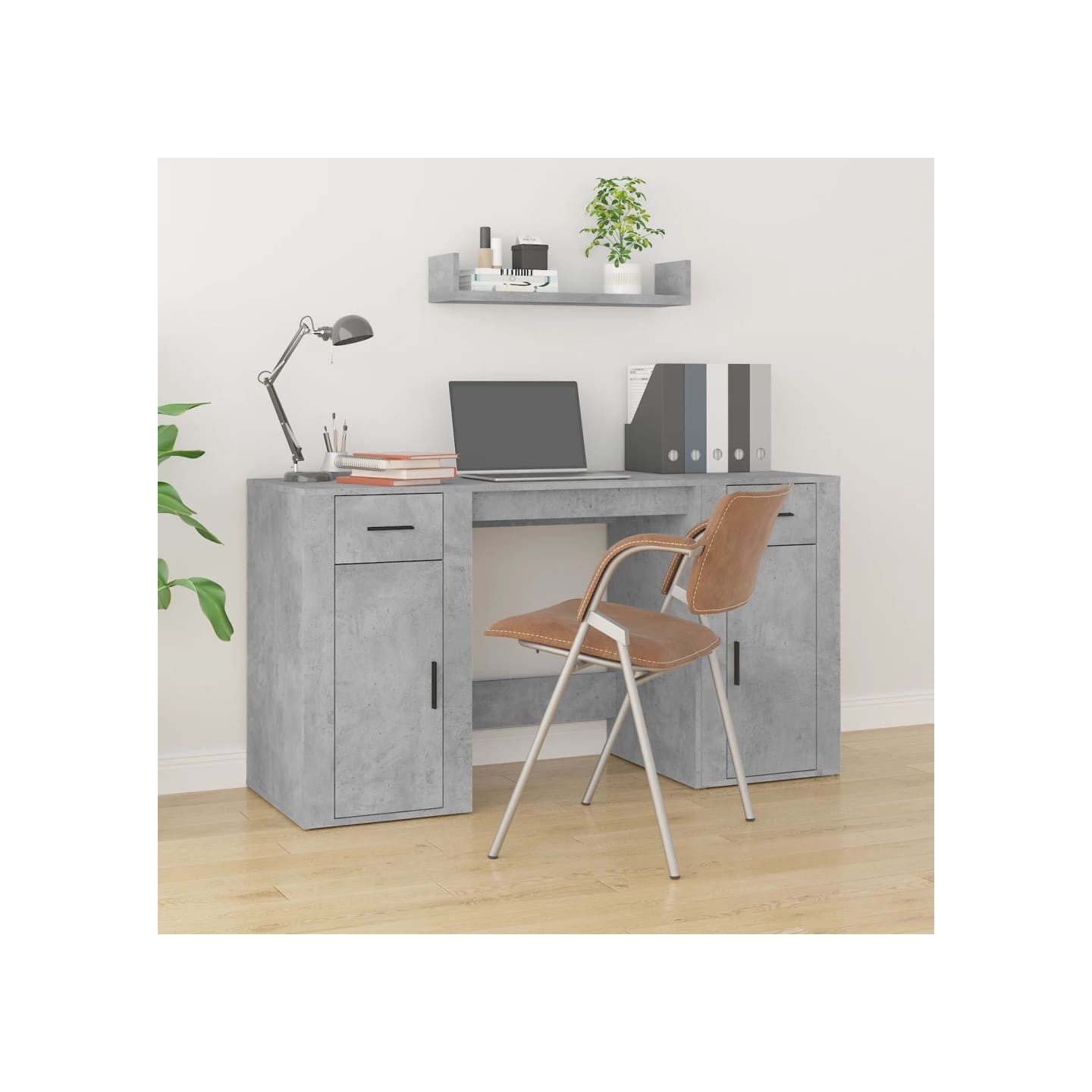 Bureau avec armoire gris béton bois d'ingénierie