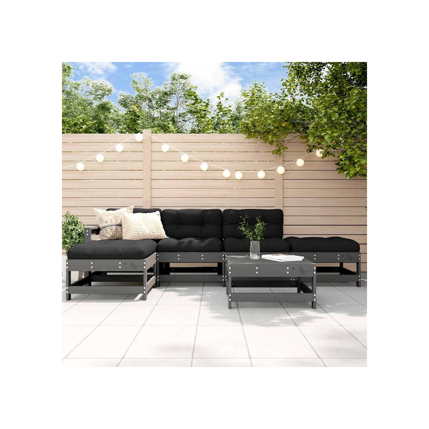 Salon de jardin 6 pcs avec coussins gris bois massif