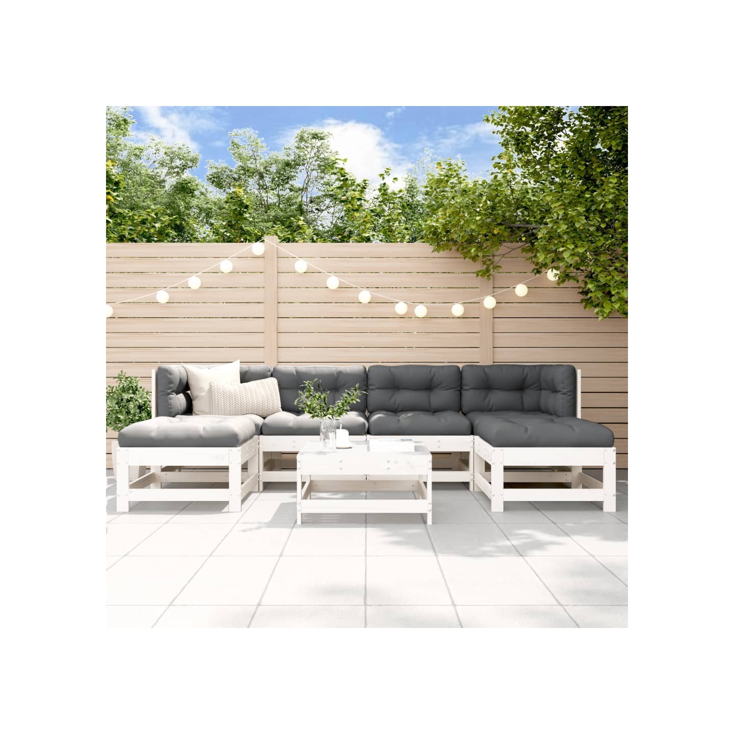 Salon de jardin 7 pcs avec coussins blanc bois massif