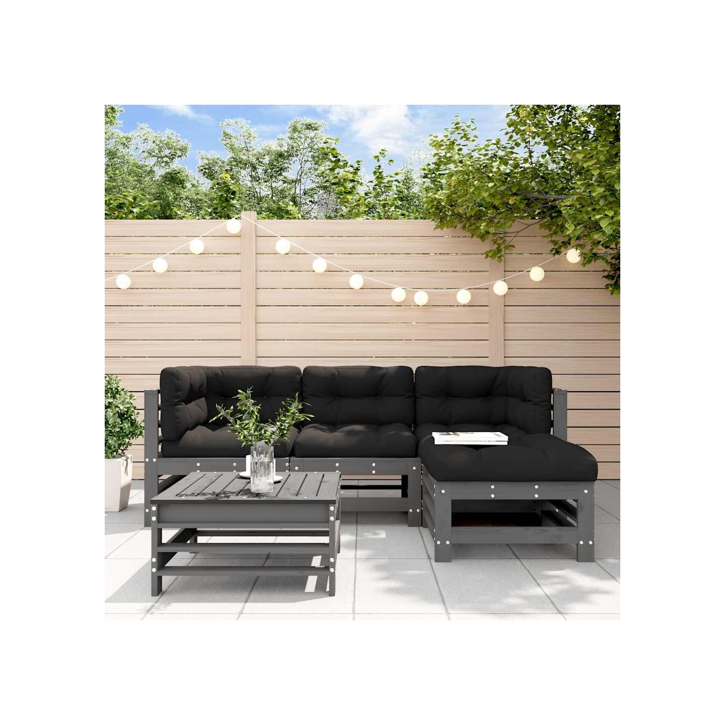 Salon de jardin 5 pcs avec coussins gris bois massif