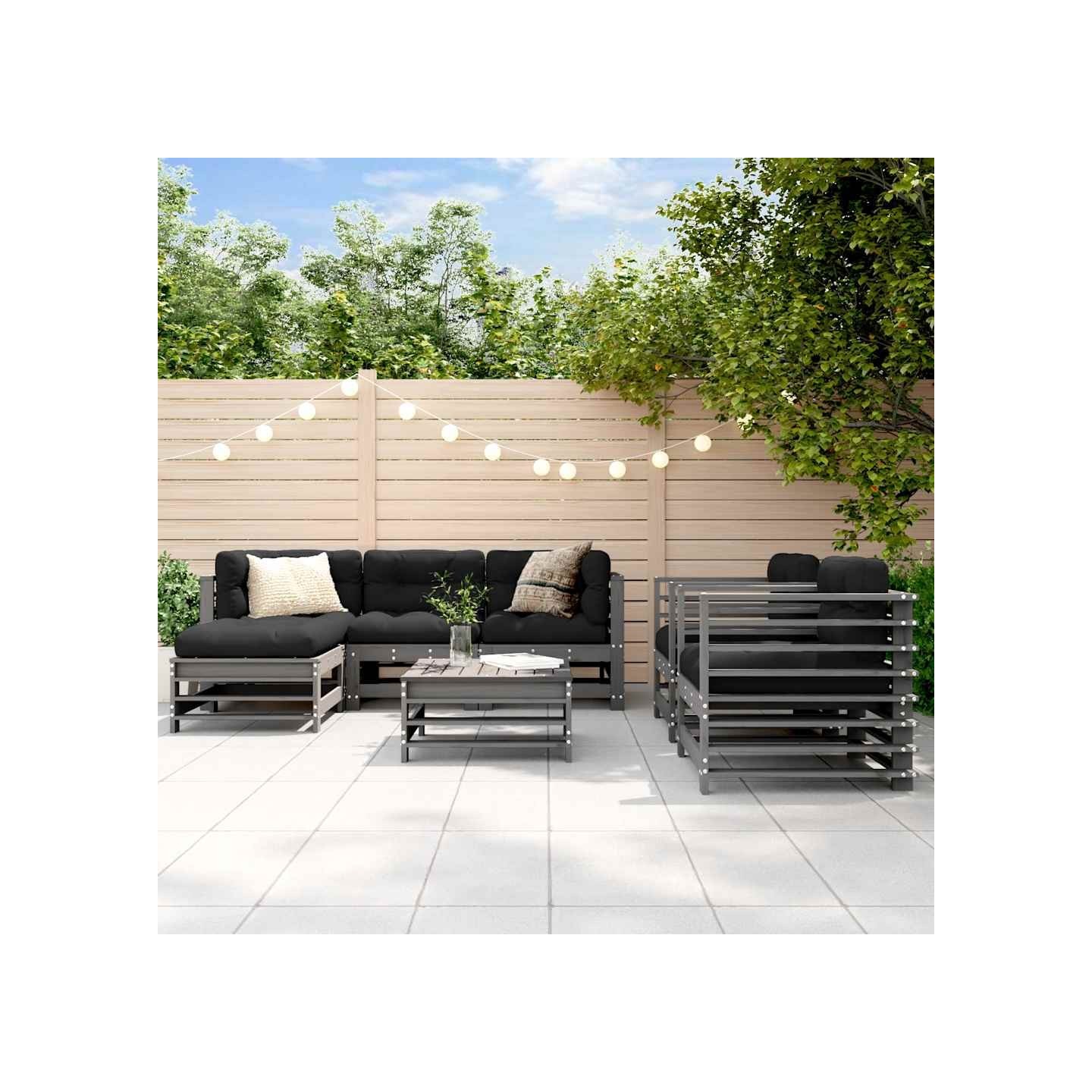 Salon de jardin 7 pcs avec coussins gris bois massif
