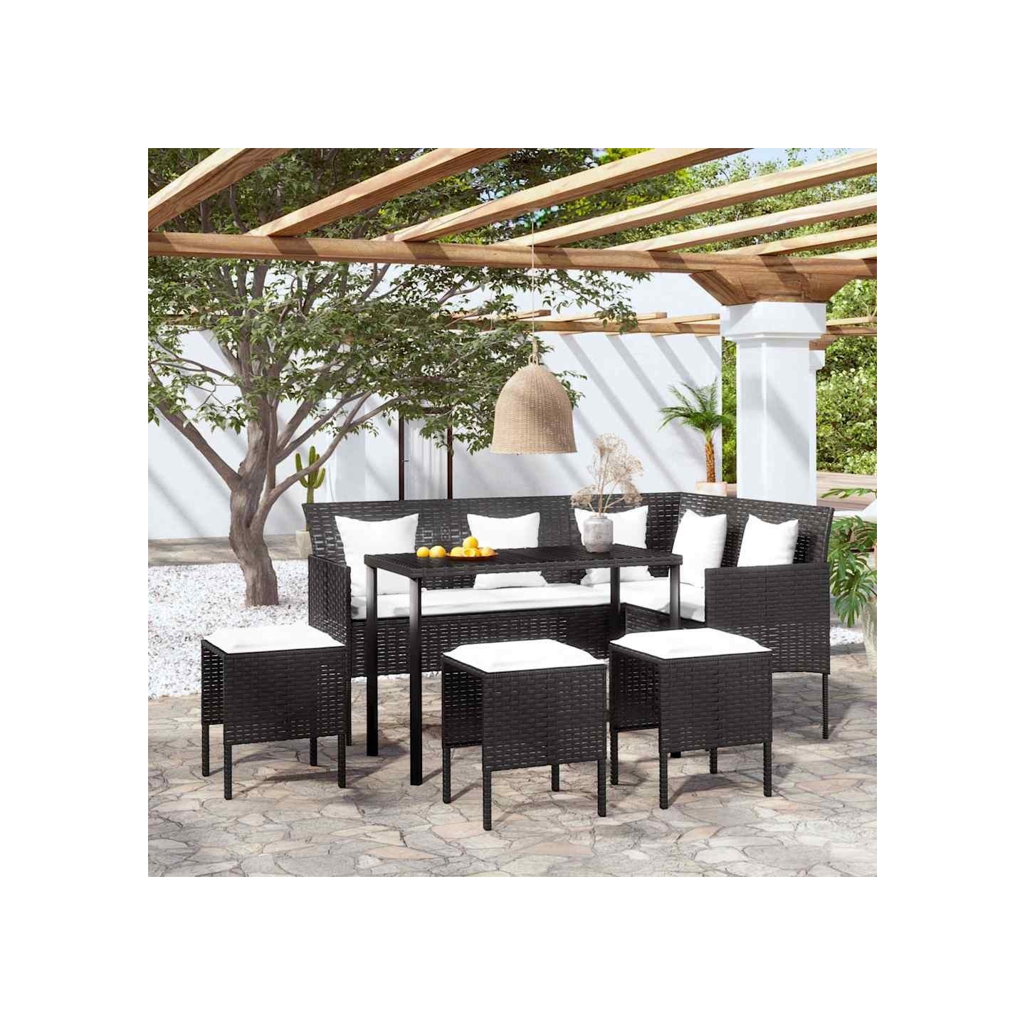Ensemble de canapés en L 5pcs avec coussins résine tressée noir