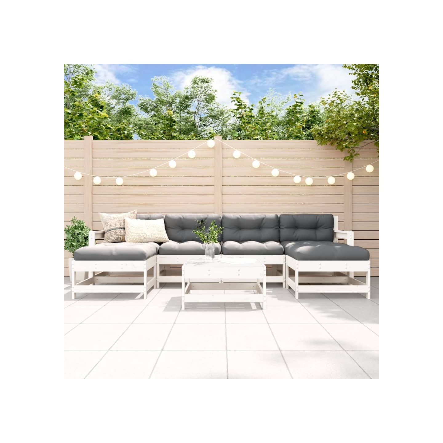 Salon de jardin 7 pcs avec coussins blanc bois massif