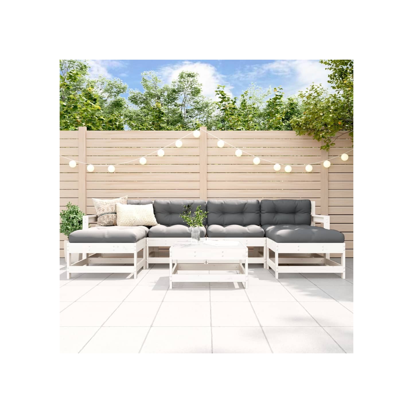 Salon de jardin 7 pcs avec coussins blanc bois massif