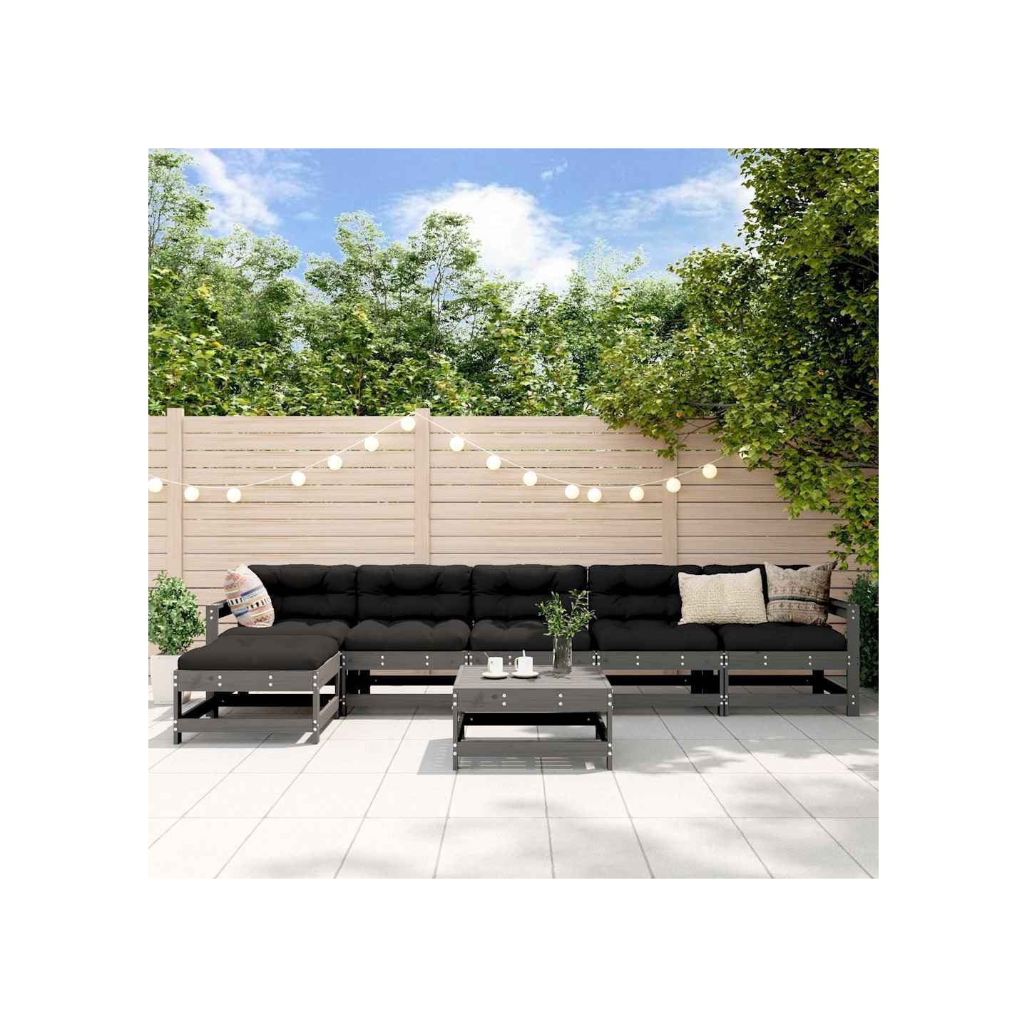 Salon de jardin 7 pcs avec coussins gris bois massif