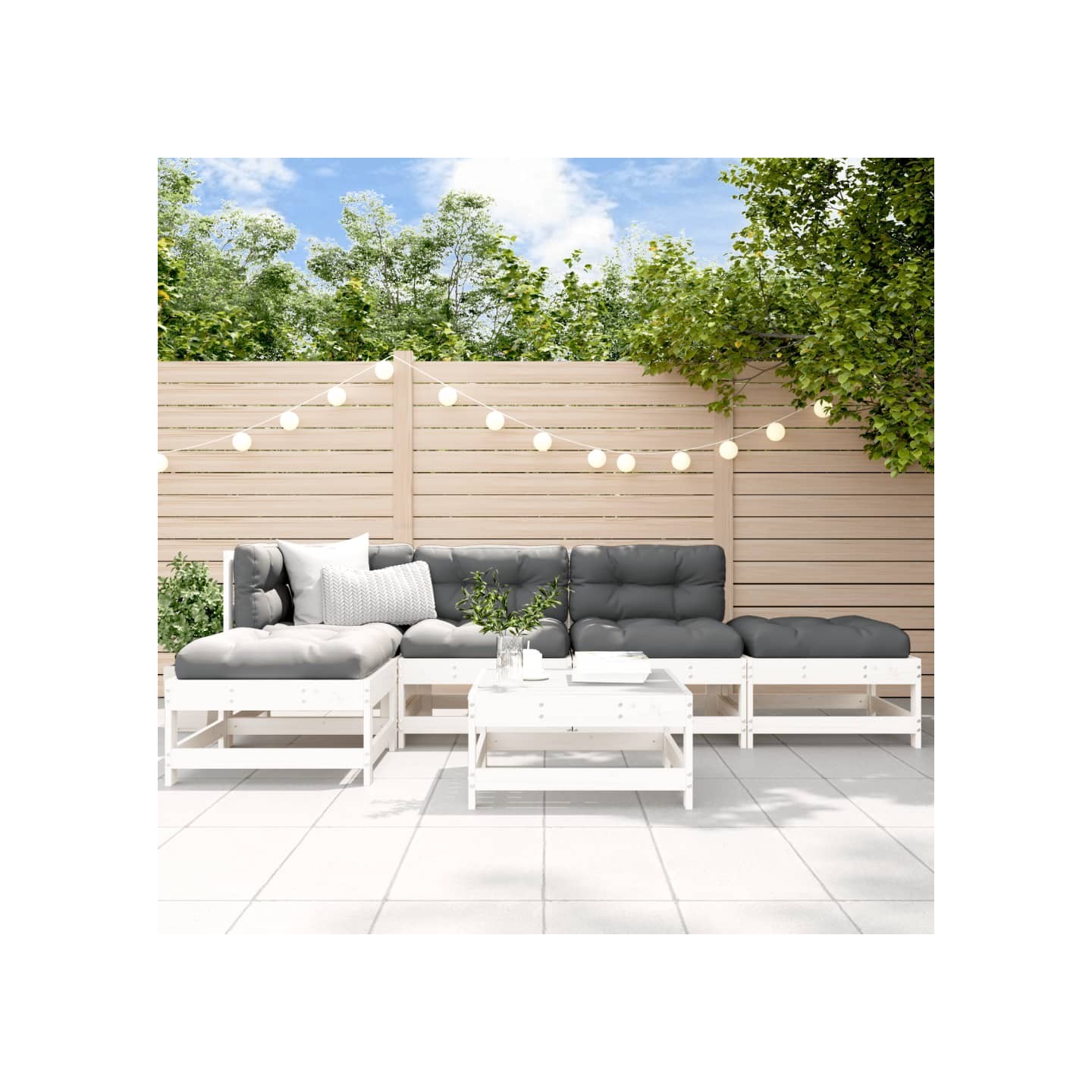 Salon de jardin 6 pcs avec coussins blanc bois massif