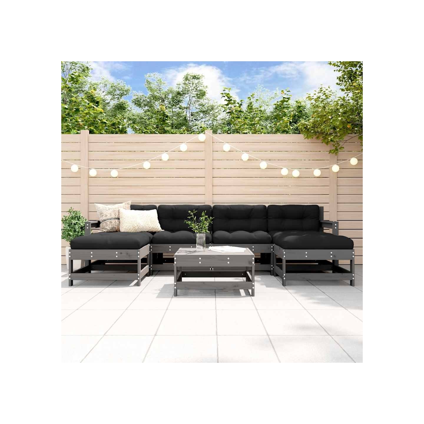 Salon de jardin 7 pcs avec coussins gris bois massif