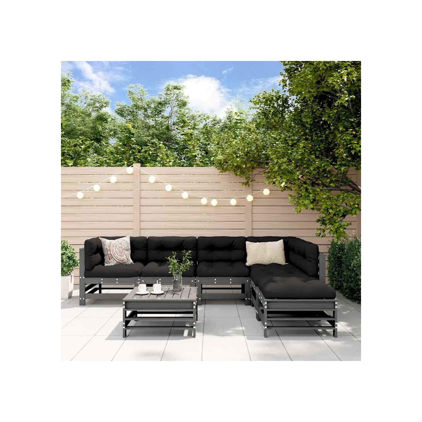 Salon de jardin 7 pcs avec coussins gris bois massif