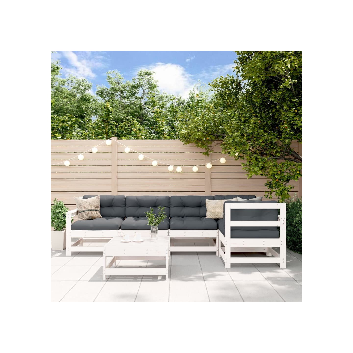 Salon de jardin 6 pcs avec coussins blanc bois massif