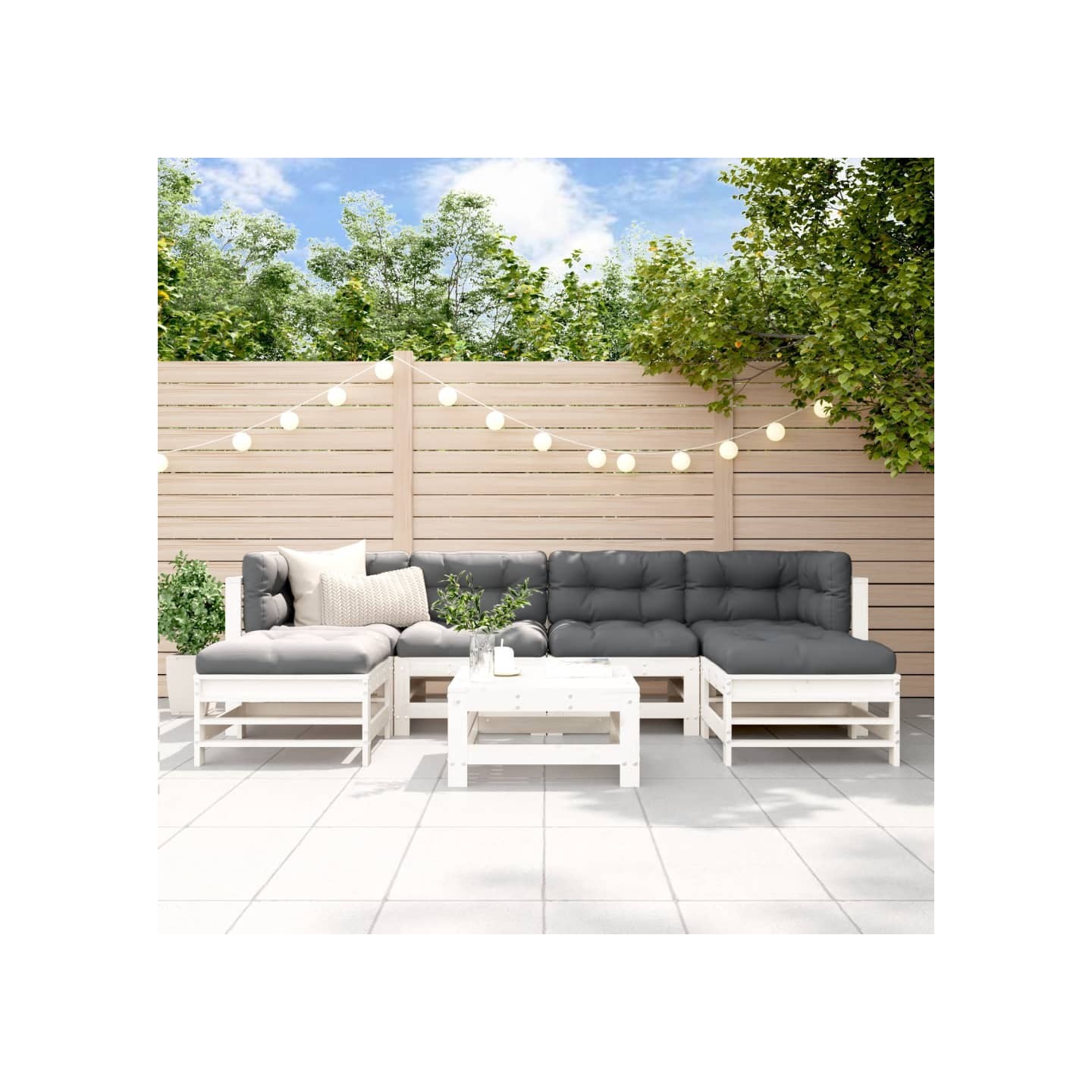 Salon de jardin 7 pcs avec coussins blanc bois massif