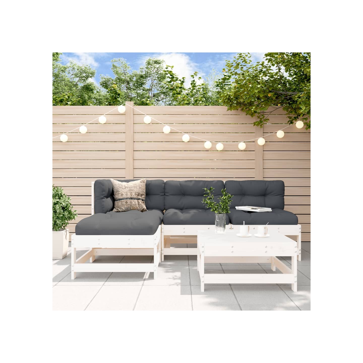Salon de jardin 5 pcs avec coussins blanc bois massif