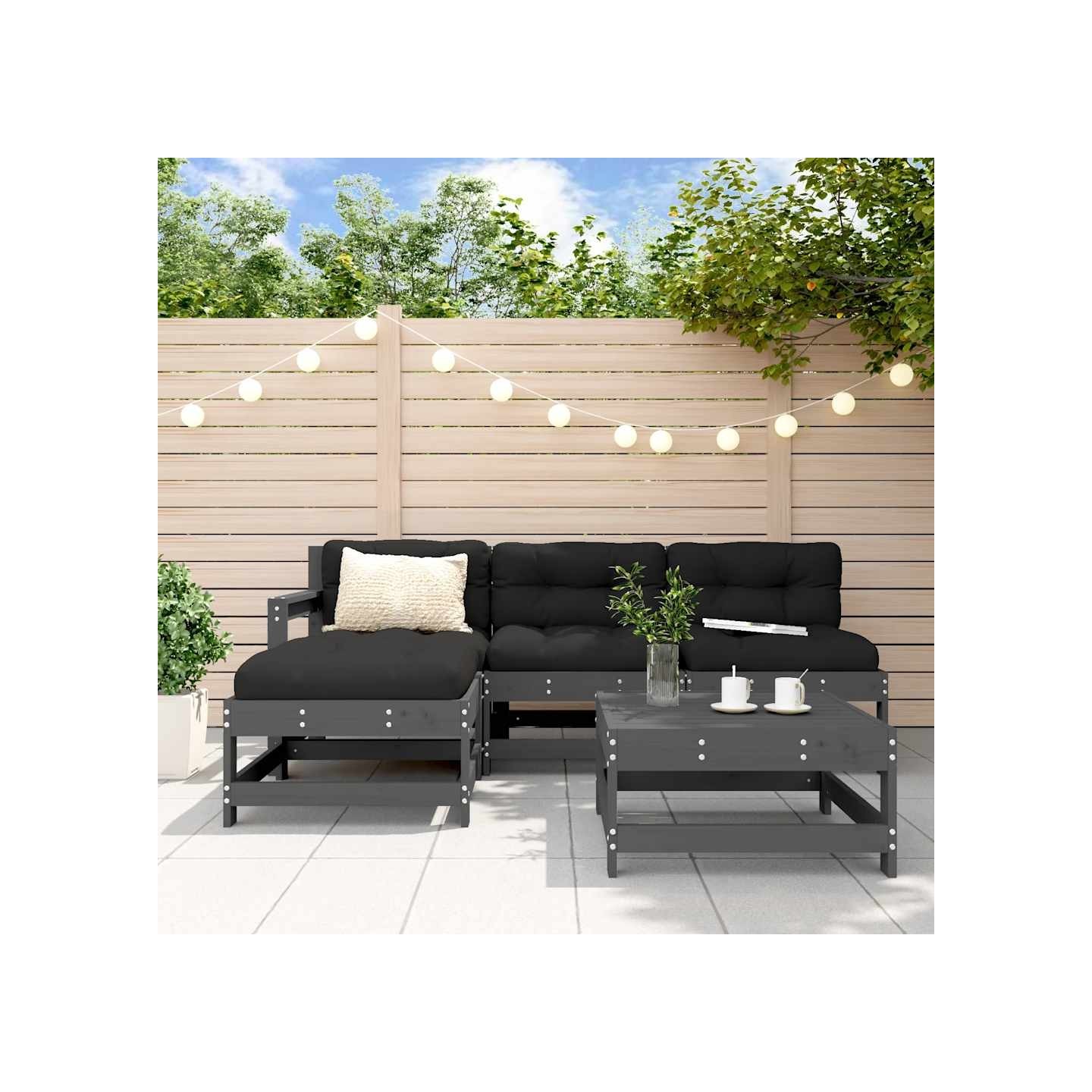Salon de jardin 5 pcs avec coussins gris bois massif