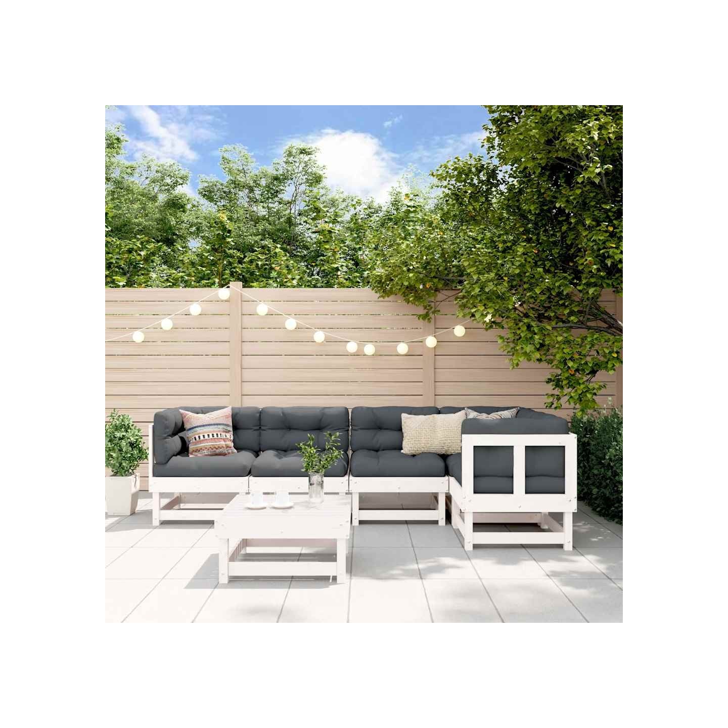 Salon de jardin 6 pcs avec coussins blanc bois massif