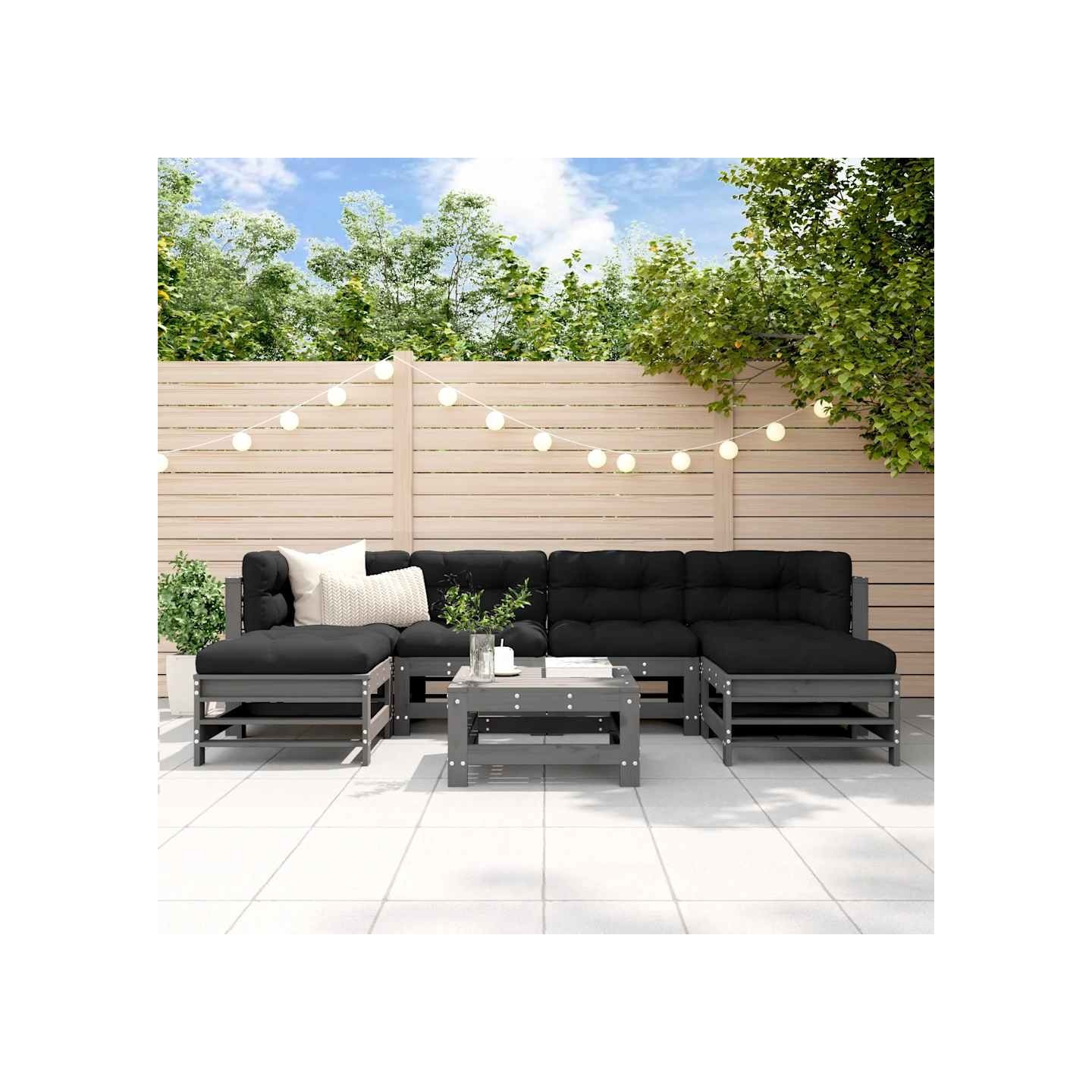 Salon de jardin 7 pcs avec coussins gris bois massif