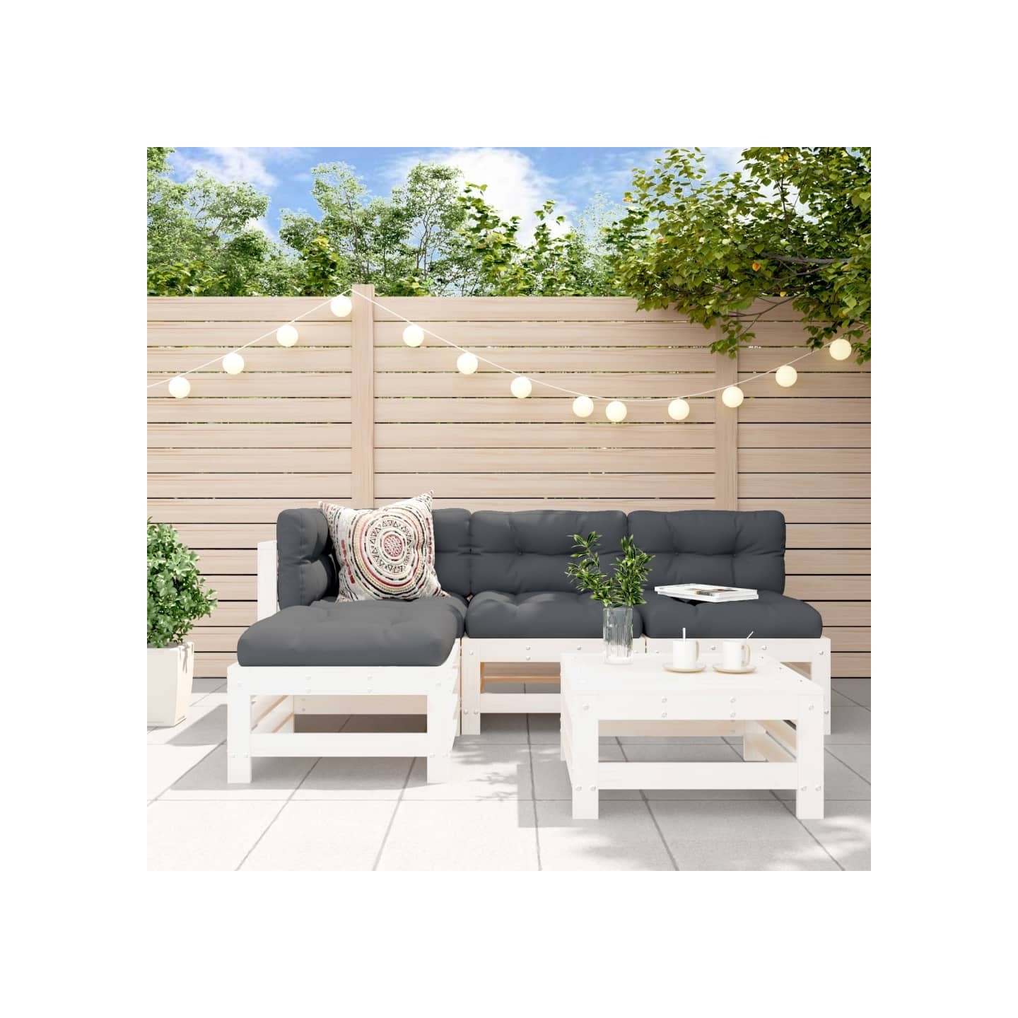 Salon de jardin 5 pcs avec coussins blanc bois massif