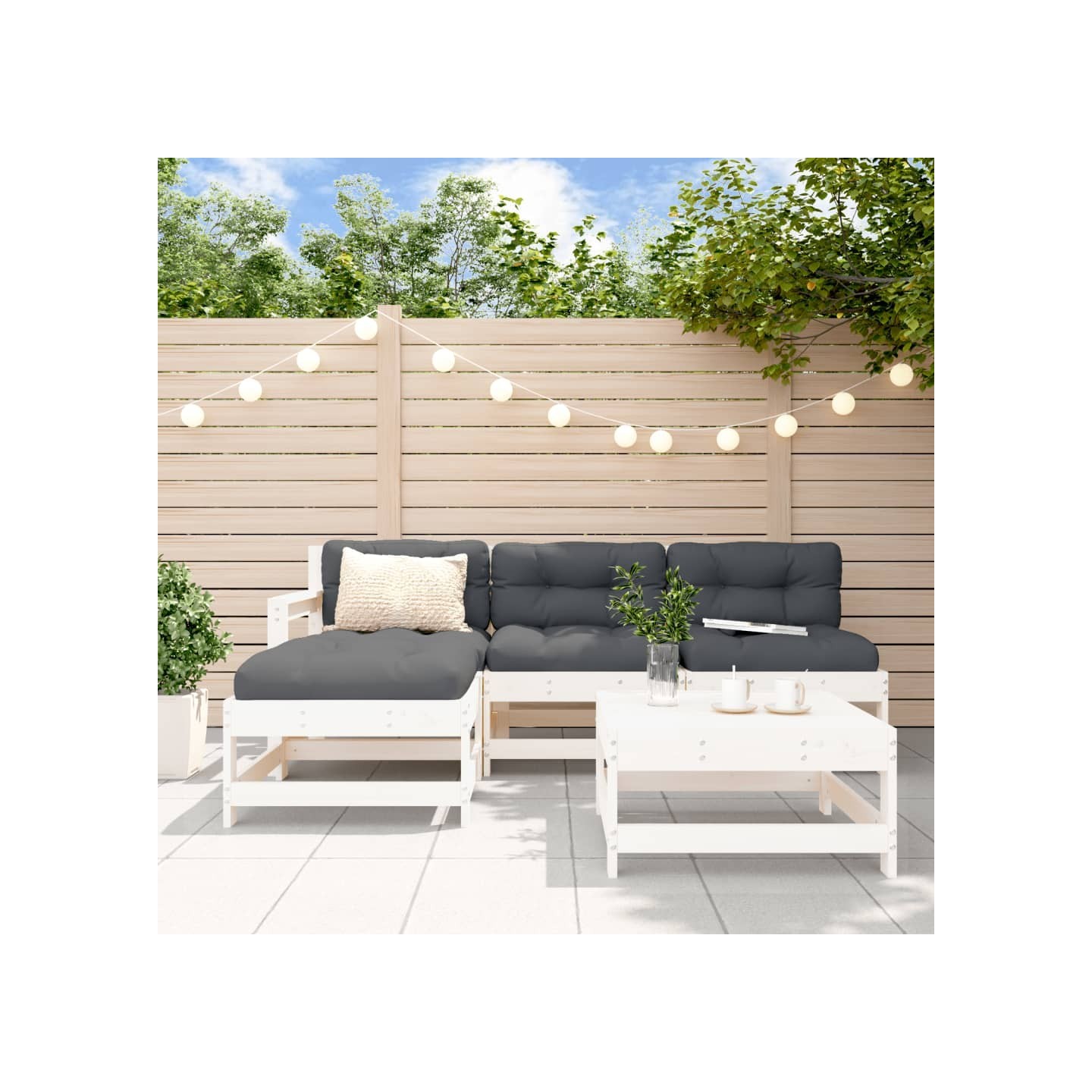 Salon de jardin 5 pcs avec coussins blanc bois massif
